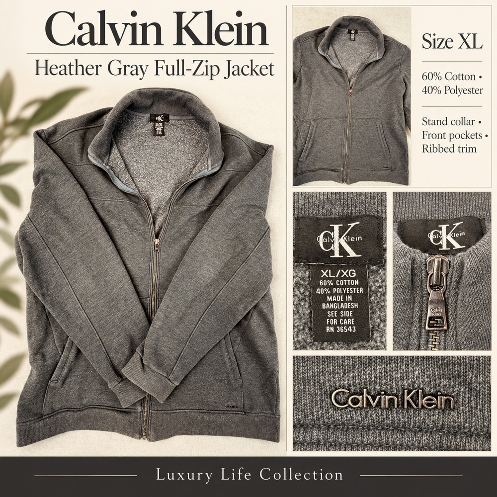 Calvin Klein Mens XL Full Zip Sweatshirt Charcoal Gray Mock Neck Fleece Jacket